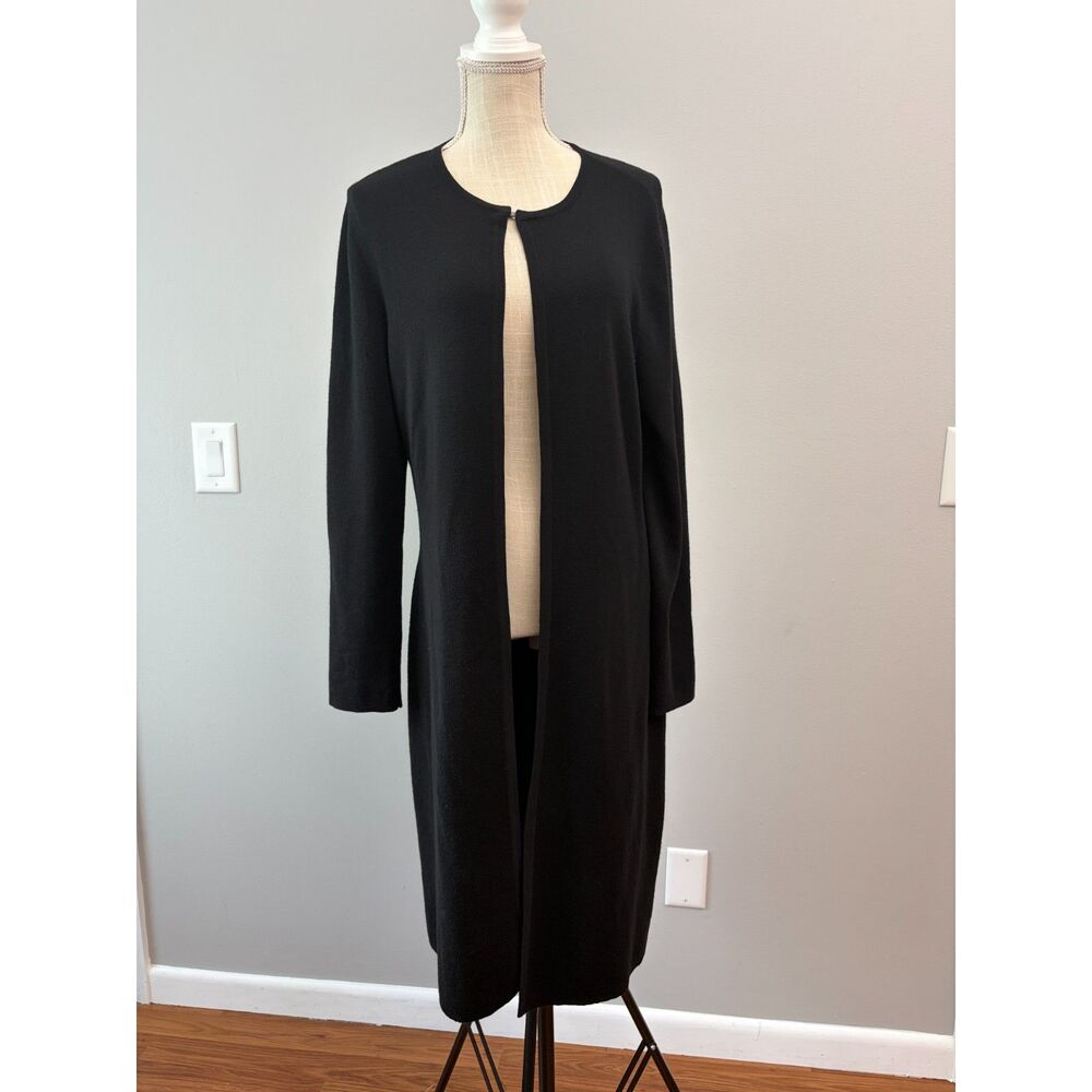Vintage 90s Kate Hill Italian Merino Wool Long Duster Cardigan Sweater Black Med